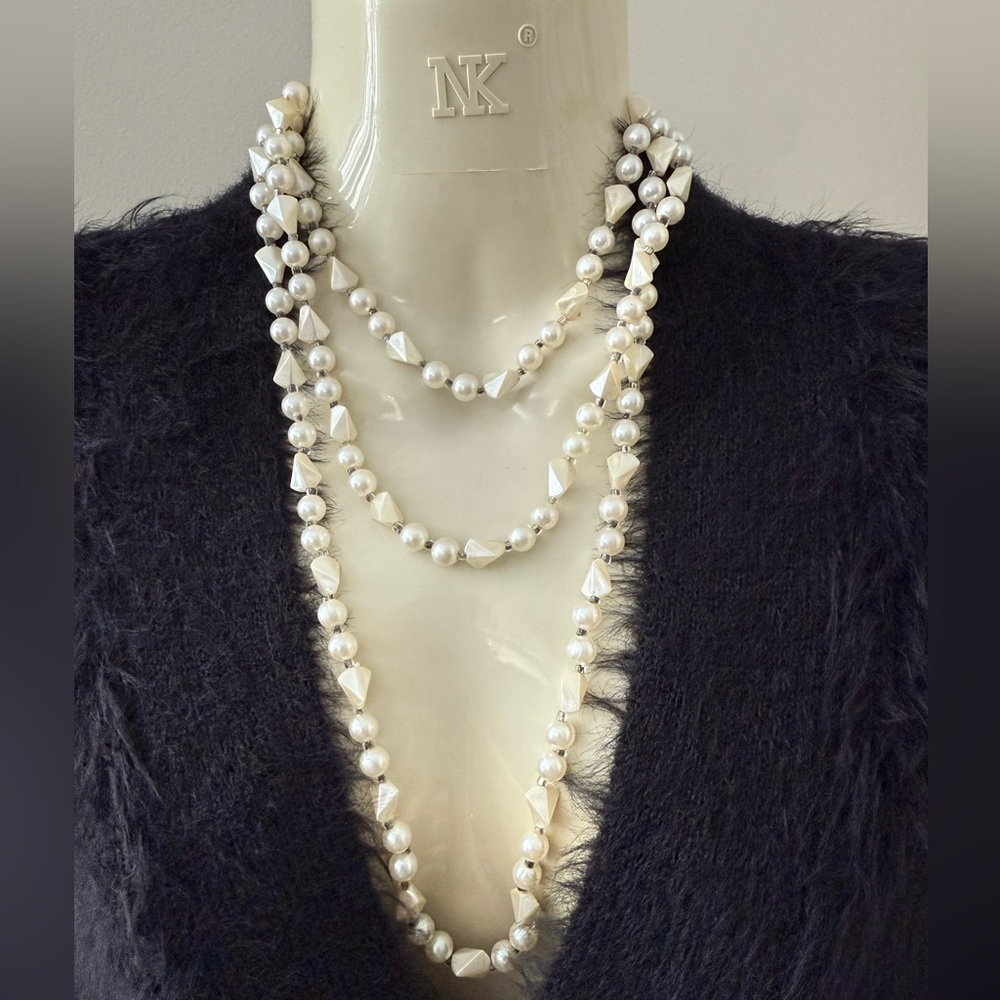 Vintage Elegant Costume White Pearl Necklace, 27” long continuous no lock.